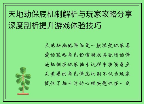 天地劫保底机制解析与玩家攻略分享深度剖析提升游戏体验技巧
